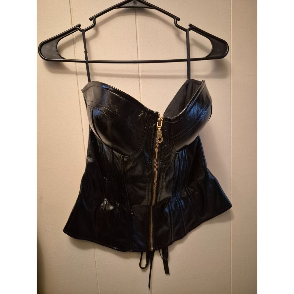 Say What? Black Faux Leather Corset Bustier Top Gold Zip